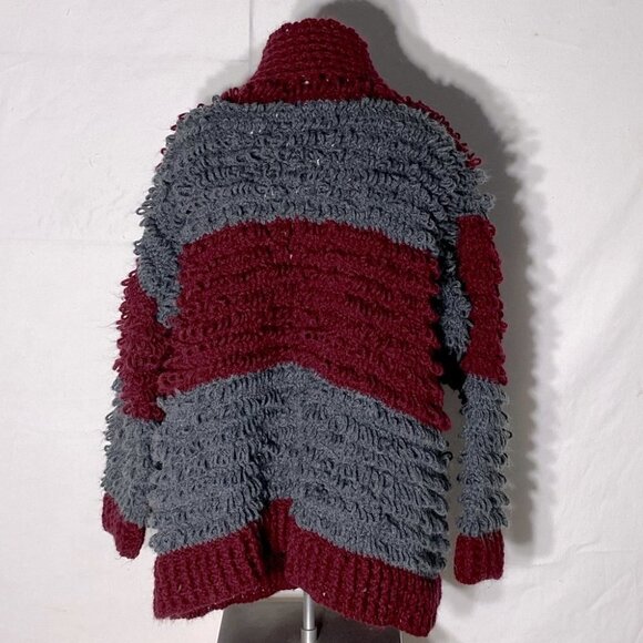 Hand Knit Burgundy Grey Striped Loopy Stitch Knit Button Up Cardigan XXL - Picture 4 of 12